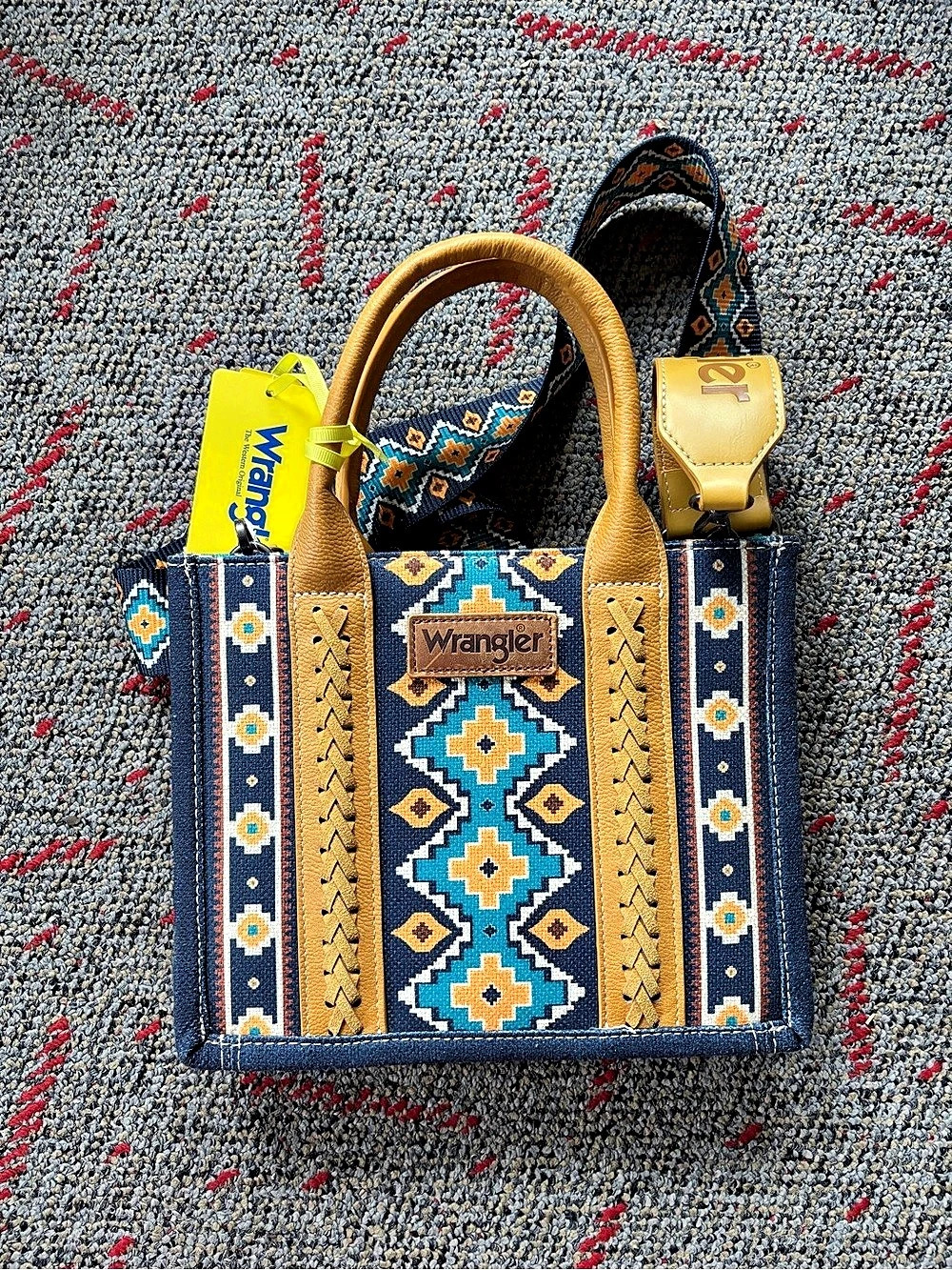 Wrangler Aztec Tote Geometric Tote in Blue & Brown NWT